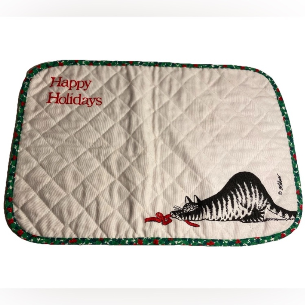 1 Vintage B Kliban fat Cat Placemat Happy Holidays Fabric Quilted Placemat 80s